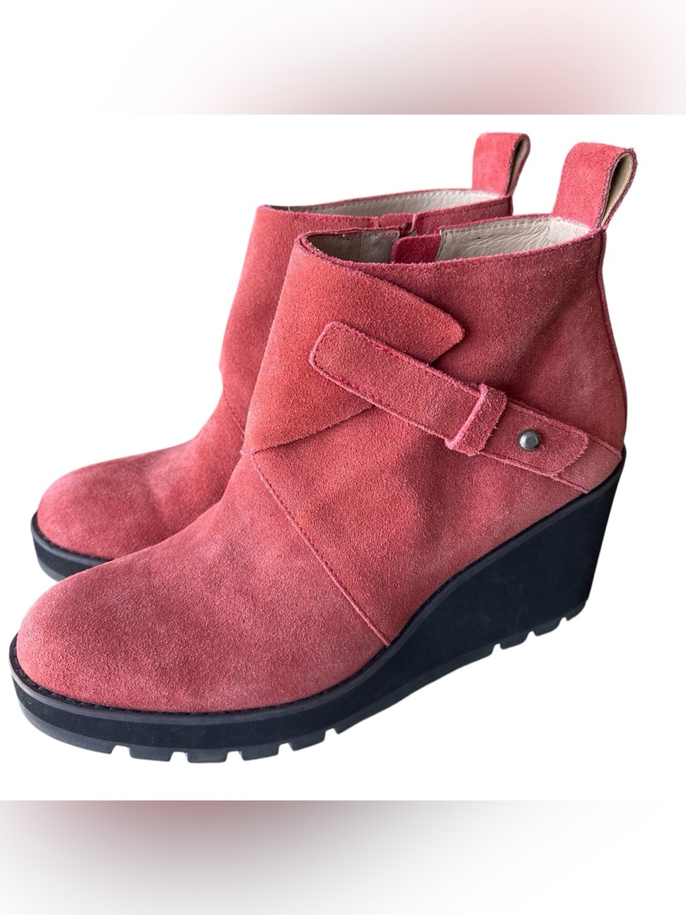 Eileen Fisher Tinker Suede Red Orange Wedge Ankle Booties 9.5